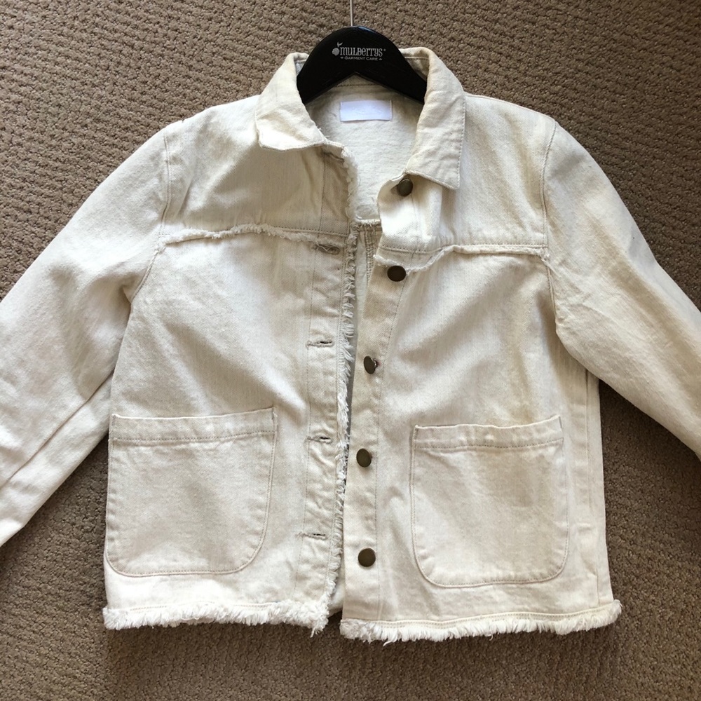 Cream frayed denim jacket